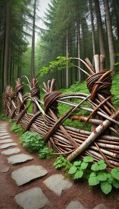 a wooden fence made out of branches in the middle of a forest with stepping stones