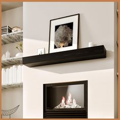 a fire place in a living room with bookshelves and pictures on the wall