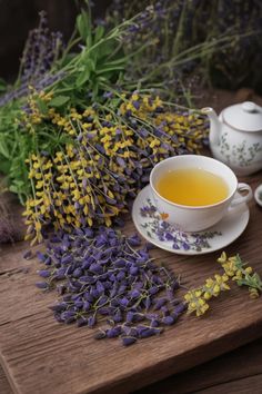 tea and lavender flowers on a wooden table