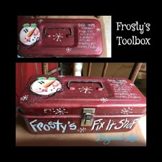 two pictures of an old red toolbox with snowmen on it and frosty's tooubox