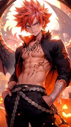 a male anime character with red hair and tattoos on his chest, standing in front of pumpkins