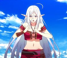 an anime character with white hair and blue eyes wearing red shorts, holding her hands together in front of her chest