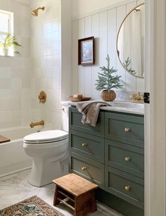 a white toilet sitting next to a green cabinet