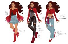 three different views of the same woman's body and clothes, one with red hair