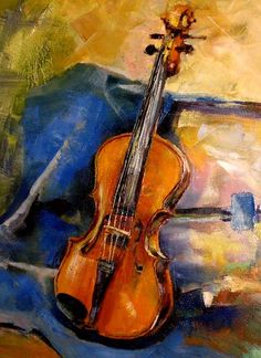 a painting of a violin sitting on top of a table