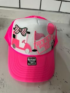 Golf patch hat Trucker Visor Hat With Logo Patch, Pink Cap With Patches, Pink Trucker Hat With Patches, Pink Patched Trucker Hat, Cotton 5-panel Trucker Hat With Embroidered Patch, 5-panel Trucker Hat With Patches, Golf Hats, Trucker Cap, Caps Hats