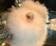 Powder Puff ~ Body Dusting Powder Puff Peachy Pink Color Puff with Ivory Marabou Trim The puff itself is five inches. Eight inches overall including the fluffy trimmed. Pearl & Rhinestone Embellished Handle Body Powder Puff, Vegas Aesthetic, Royal Bedroom, Beauty Space, Powder Puffs, Dusting Powder, Pink Fur, Body Powder, Coral Peach