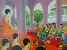 a painting of people sitting on the floor in front of a man speaking to them