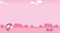 the hello kitty wallpaper is pink and there are two little kittens standing in front of it