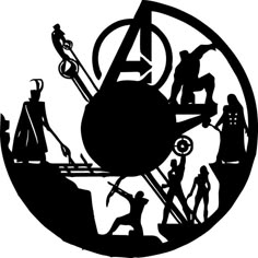 black and white silhouettes of people around an iron man symbol, with the avengers logo in the center