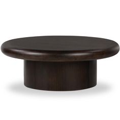 a round wooden table with dark wood grained finish on the top and bottom, in front of a white background