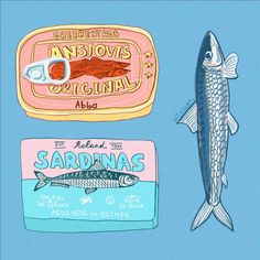 three different types of fish are shown in this illustration, one is salmon and the other has sardines