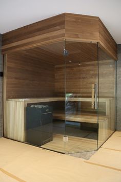 the inside of a sauna with glass walls