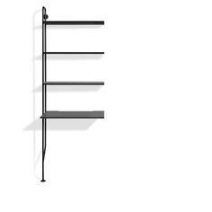 a black shelf with three shelves on each side and one is hanging from the wall