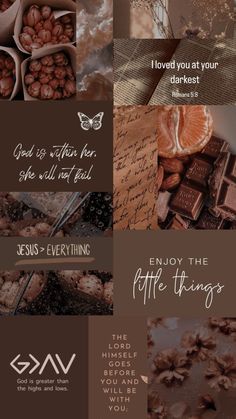 some chocolates and other things that are in the same collage with words on them