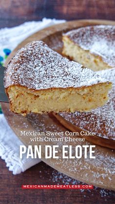 mexican sweet corn cake with cream cheese pan de elote on a wooden platter