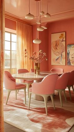 Coral Pink Living Room, Peach Dining Room, Colour Block Walls, Peach Pantone, Penthouse Decor, Orange Dining Room, Coral Interior, Monochromatic Interior, Porcelain Tile Floor