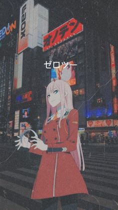 an anime character standing in the middle of a city at night with neon signs above her