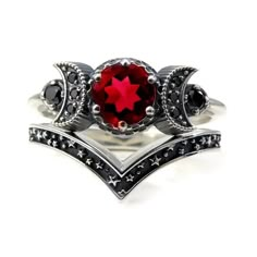 Moon & Stars Ring Set Simulated Red & Black Stone Metal Alloy Purple Stone Rings, Triple Moon Goddess, Black Diamond Engagement, Triple Moon, Moon Ring, Black Diamonds, Purple Stones, Crystal Wedding, Purple Crystals