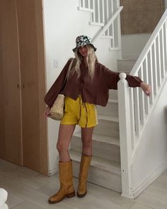 Sarah Shabacon | @bohemegoods tie top, the same “board shorts” I had when I was 10 , marketplace Frye dream boots , @jacquemus bag, and Marni carhartt hat | Instagram Frye Campus Banana Boots Outfit, Banana Frye Boots Outfit, Marni Carhartt, Boots And Shorts Outfit, Frye Boots Outfit, Sarah Shabacon, Biker Boots Outfit, Carhartt Hat