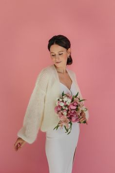 Mohair cardigan . Bridal wrap . White wool cardigan. White jacket is a practical, elegant and extremely effective part of a festive look. Mohair jacket will be especially necessary for a celebration in the cool season because it will help you stay warm and feel comfortable. Cardigan made of blend mohair wool yarn. In the photo color - off white № 62 . Model height 175 cm / 68.90 " and is wearing size M. Sweater measurements for size S (measurements taken in a horizontal position and without stre Mohair Bolero, Mohair Jacket, White Bolero, White Jacket Women, Woolen Clothes, Wool Jackets Women, Bridal Shrug, Wedding Shrug, Bridal Cover Up