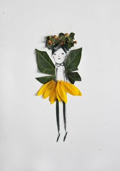 a drawing of a woman with flowers in her hair and leaves on her head, hanging from a wall