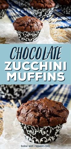 chocolate zucchini muffins on top of a blue and white table cloth