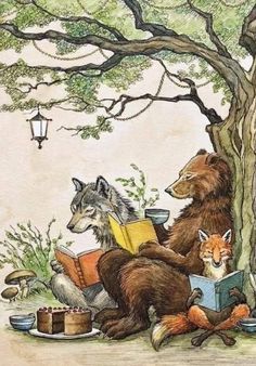 three bears are sitting under a tree reading books and eating cake while another bear looks on