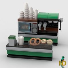 a lego coffee machine with doughnuts and pretzels