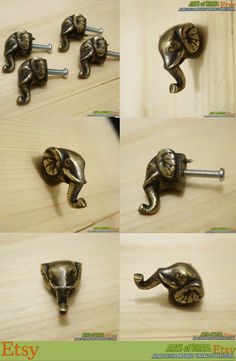 four pictures of an elephant made out of metal parts on a wooden table with screws and nuts