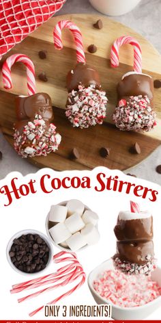 hot cocoa stirrers on a plate with candy canes and marshmallows