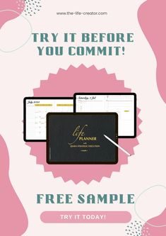 a pink and white flyer with the words try it before you commit free sample try it today