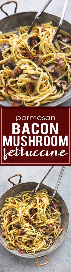 bacon mushroom alfredo in a skillet with tongs on the side and text overlay