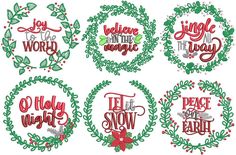 six christmas wreaths with hand lettering