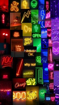 many different neon signs are displayed together