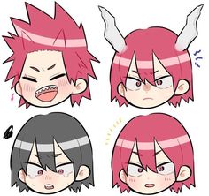 four different faces with pink hair and horns