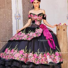 Brand New, We Have Many Different Sizes And Styles, Delivery Time 2-3 Months, Rush Delivery $250 Made In Mexico! Dazzle The Room In This Off The Shoulder Floral Charro Quinceaera Dress By Ragazza Fashion During Your Party! Made Out Of Velvet, This Beautiful Quince Charro Dress Features A Lovely Off The Shoulder Bodice Embellished With Beautiful Floral Embroidery, Long A-Line Layered Skirt, Eye-Catching Train, And A Lace-Up Corset Back. Charro Dress, Floral Ballgown, Vestido Charro, Mexican Quinceanera Dresses, Quinceanera Collection, Charro Quinceanera Dresses, Beautiful Ball Gowns, Black Quinceanera Dresses, Black Ball Gown