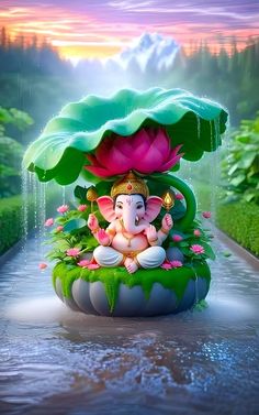 an elephant statue sitting on top of a lush green plant in the middle of a body of water