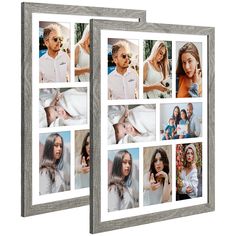 two frames with multiple pictures of people on them, one is white and the other is grey