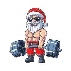 a cartoon santa claus holding a barbell and wearing sunglasses, standing in front of a white background