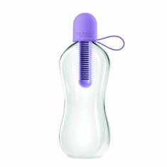 a bottle with a comb in it and a purple cap on the top is shown