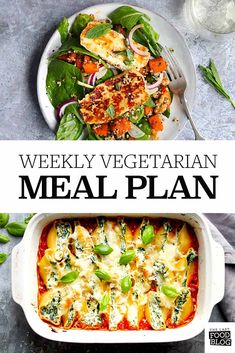 the meal is prepared and ready to be eaten with text overlay that reads weekly vegetarian meal plan