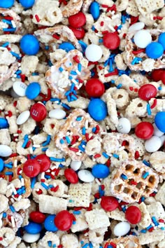 patriotic popcorn mix with red, white and blue sprinkles in the middle