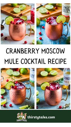 cranberry moscow mule cocktail recipe with limes and cherries in the background