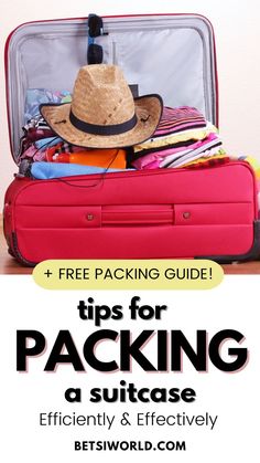 an open red suitcase full of clothing and a cowboy hat with the words free packing guide, tips for packing a suitcase efficiently and effectively Pack Suitcase, Packing A Suitcase, Packing For Vacation, Suitcase Packing Tips, Kendall Jenner Street Style, Airplane Essentials