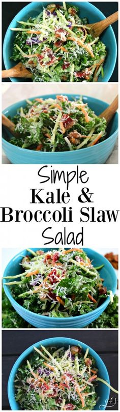 simple kale and broccoli slaw salad in blue bowls