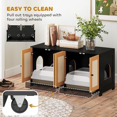 an easy to clean cat litter box with four rolling wheels is shown in this advertisement