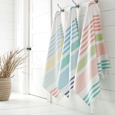 three towels hanging on the wall next to a potted plant