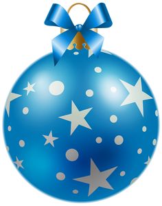 a blue christmas ornament with white stars and a bow on the top is shown