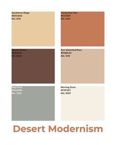 the desert modernism color scheme is shown in shades of brown, beige and white